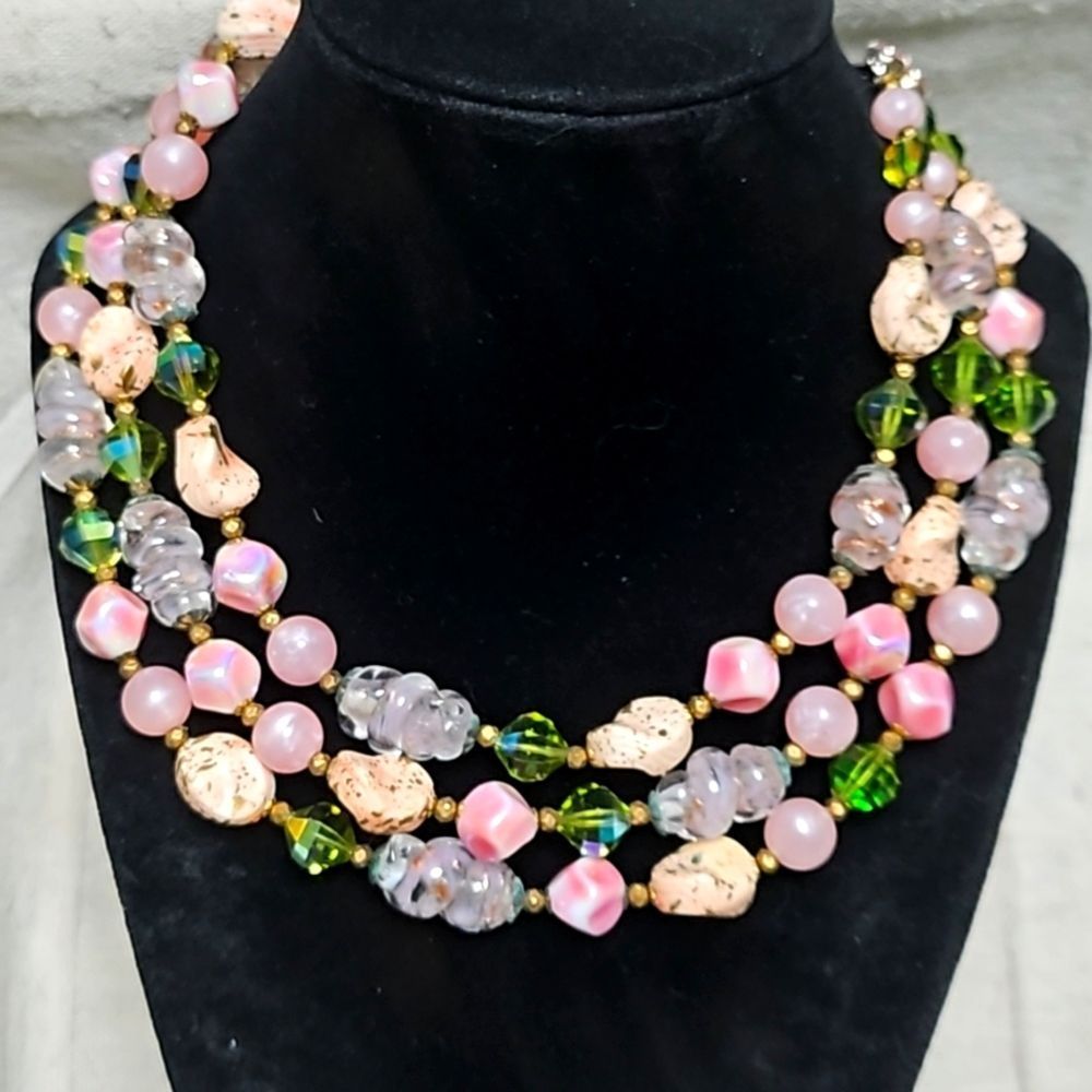Vintage 60s Regency Signed Rare Gilt Pink Art Glass Rhinestone Crystal Necklace - Picture 5 of 8
